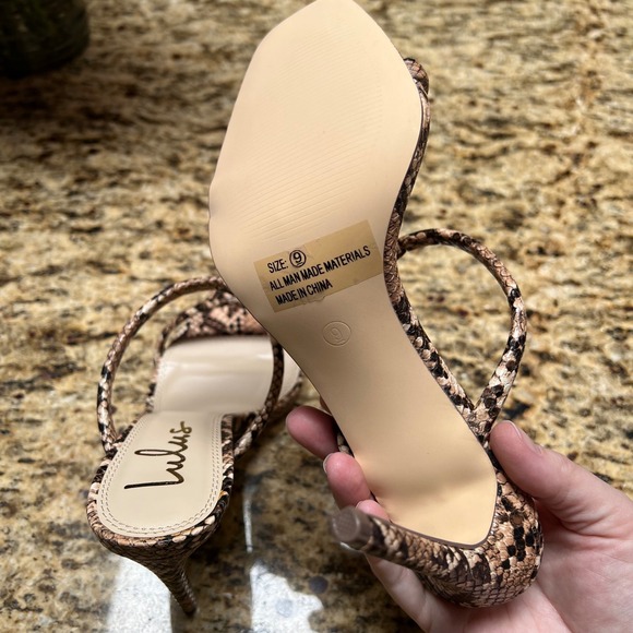 Lulus Theyaa Tan Snake-Embossed Square-Toe High Heel Sandals Size 9‎ - Picture 6 of 8